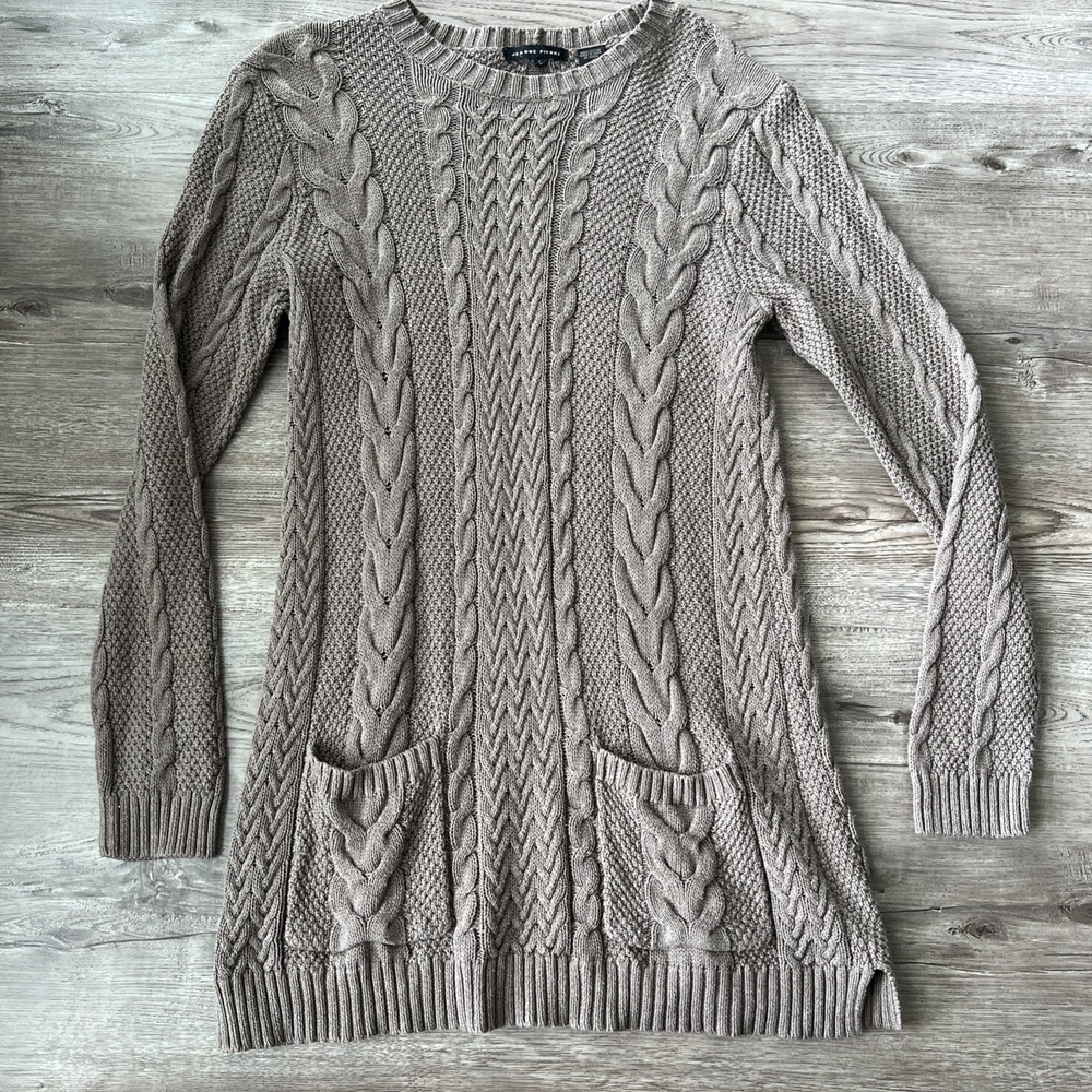 Jeanne Pierre Cable Knit Front Pocket Tunic Sweater Womens M Brown Crew Neck